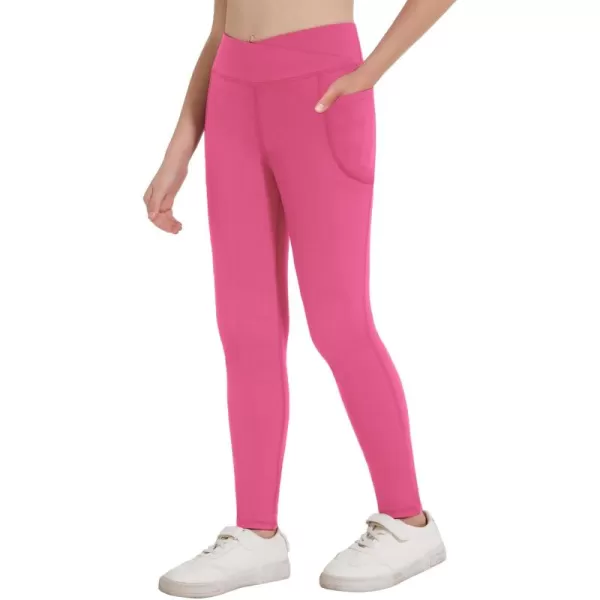 Zaclotre Girls Athletic Leggings Cross High Waisted Yoga Pants for Kids Dance Workout Running Tights with PocketsHot Pink