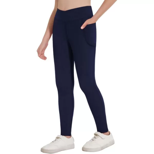 Zaclotre Girls Athletic Leggings Cross High Waisted Yoga Pants for Kids Dance Workout Running Tights with PocketsNavy Blue