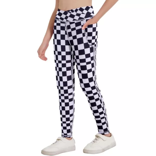 Zaclotre Girls Athletic Leggings Cross High Waisted Yoga Pants for Kids Dance Workout Running Tights with PocketsPlaid Black and White