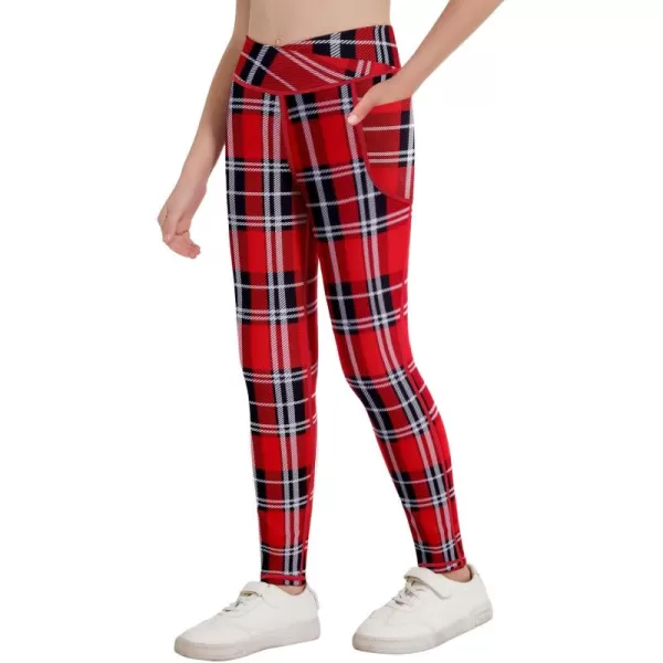 Zaclotre Girls Athletic Leggings Cross High Waisted Yoga Pants for Kids Dance Workout Running Tights with PocketsRed Plaid