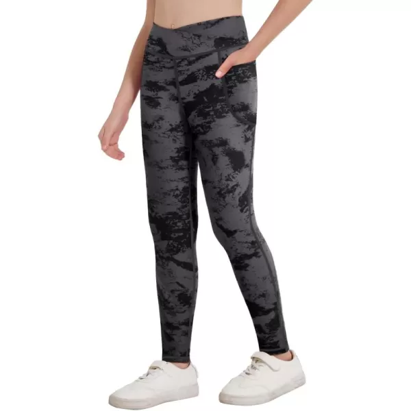 Zaclotre Girls Athletic Leggings Cross High Waisted Yoga Pants for Kids Dance Workout Running Tights with PocketsTie Dye Black and Grey