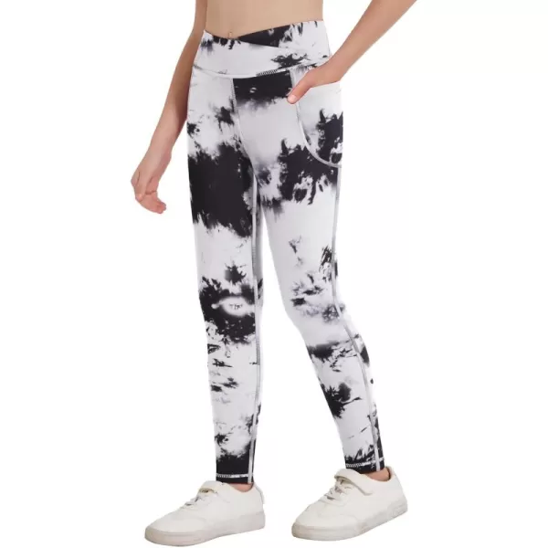 Zaclotre Girls Athletic Leggings Cross High Waisted Yoga Pants for Kids Dance Workout Running Tights with PocketsTie Dye Black and White