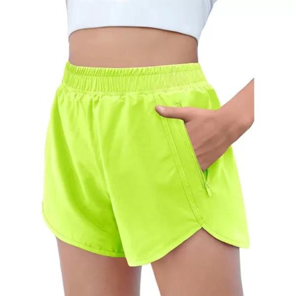 Zaclotre Girls Athletic Shorts with Zipper Pockets High Waisted Running Shorts Soccer Gym Sports Active Short for KidsNeongreen