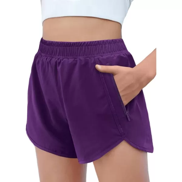 Zaclotre Girls Athletic Shorts with Zipper Pockets High Waisted Running Shorts Soccer Gym Sports Active Short for KidsPurple