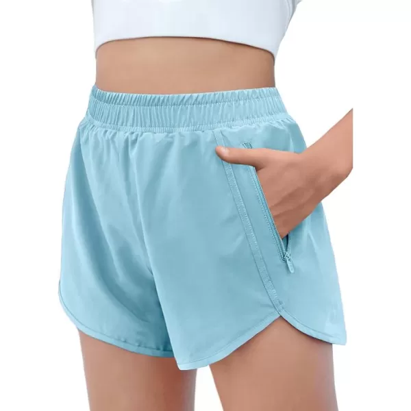 Zaclotre Girls Athletic Shorts with Zipper Pockets High Waisted Running Shorts Soccer Gym Sports Active Short for KidsSky Blue