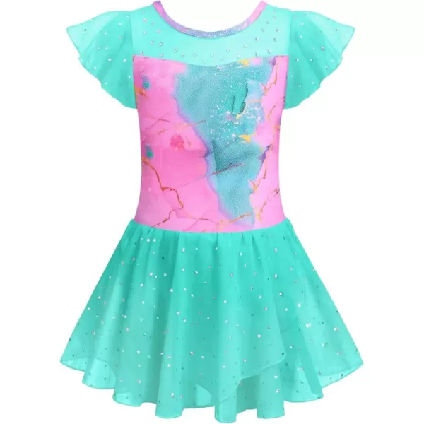 Zaclotre Girls Ballet Leotards Ruffle Sleeve Sparkle Dance Leotard Toddler Ballerina Dress OutfitsMarble Aqua