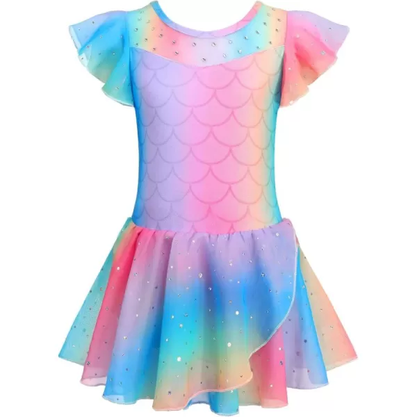 Zaclotre Girls Ballet Leotards Ruffle Sleeve Sparkle Dance Leotard Toddler Ballerina Dress OutfitsRainbow Mermaid