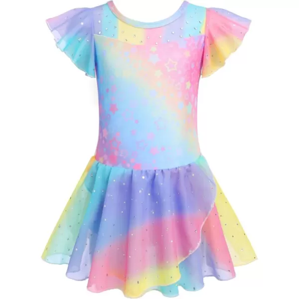 Zaclotre Girls Ballet Leotards Ruffle Sleeve Sparkle Dance Leotard Toddler Ballerina Dress OutfitsRainbow Star