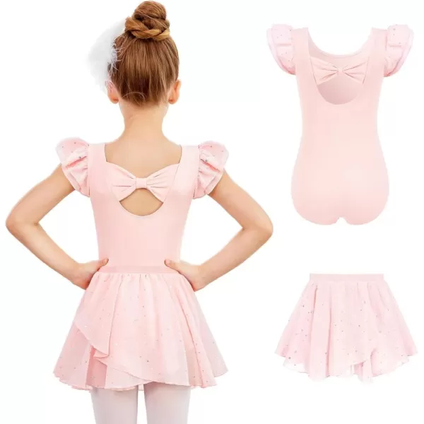 Zaclotre Girls Ballet Leotards Toddler Ruffle Sleeve Bow Back Dance Outfits Leotard with Removable Shinny Skirt ComboBallet Pink