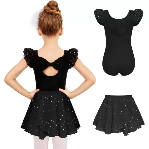 Zaclotre Girls Ballet Leotards Toddler Ruffle Sleeve Bow Back Dance Outfits Leotard with Removable Shinny Skirt ComboBlack