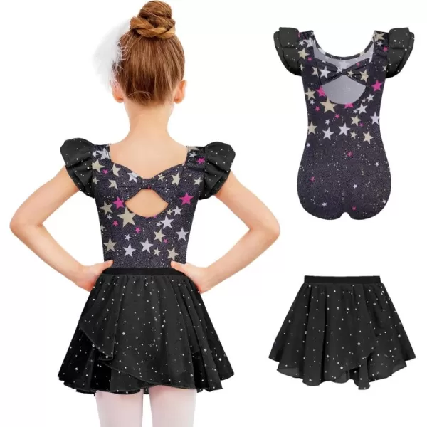 Zaclotre Girls Ballet Leotards Toddler Ruffle Sleeve Bow Back Dance Outfits Leotard with Removable Shinny Skirt ComboBlack Star