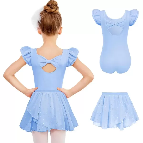 Zaclotre Girls Ballet Leotards Toddler Ruffle Sleeve Bow Back Dance Outfits Leotard with Removable Shinny Skirt ComboBlue
