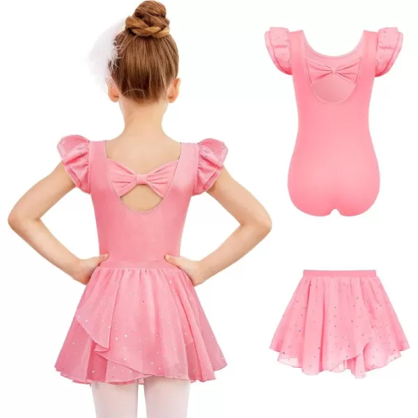 Zaclotre Girls Ballet Leotards Toddler Ruffle Sleeve Bow Back Dance Outfits Leotard with Removable Shinny Skirt ComboDark Pink
