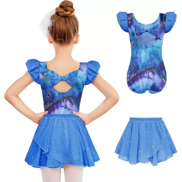 Zaclotre Girls Ballet Leotards Toddler Ruffle Sleeve Bow Back Dance Outfits Leotard with Removable Shinny Skirt ComboGreen Marble