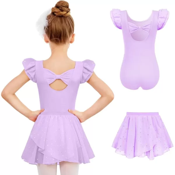 Zaclotre Girls Ballet Leotards Toddler Ruffle Sleeve Bow Back Dance Outfits Leotard with Removable Shinny Skirt ComboLavender