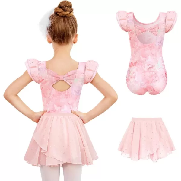 Zaclotre Girls Ballet Leotards Toddler Ruffle Sleeve Bow Back Dance Outfits Leotard with Removable Shinny Skirt ComboPink Tie Dye