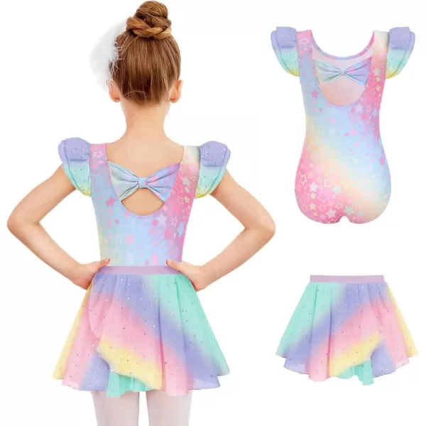 Zaclotre Girls Ballet Leotards Toddler Ruffle Sleeve Bow Back Dance Outfits Leotard with Removable Shinny Skirt ComboRainbow Star