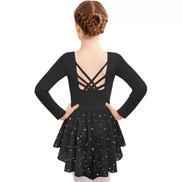 Zaclotre Girls Ballet Leotards with Shinny Skirts Long Sleeve Crisscross Back Dance Dress OutfitsBlack