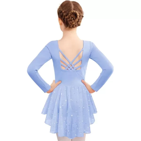 Zaclotre Girls Ballet Leotards with Shinny Skirts Long Sleeve Crisscross Back Dance Dress OutfitsBlue