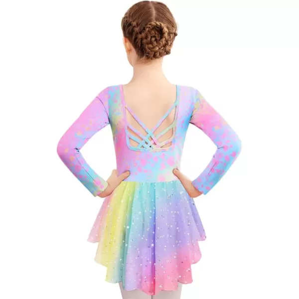 Zaclotre Girls Ballet Leotards with Shinny Skirts Long Sleeve Crisscross Back Dance Dress OutfitsRainbow