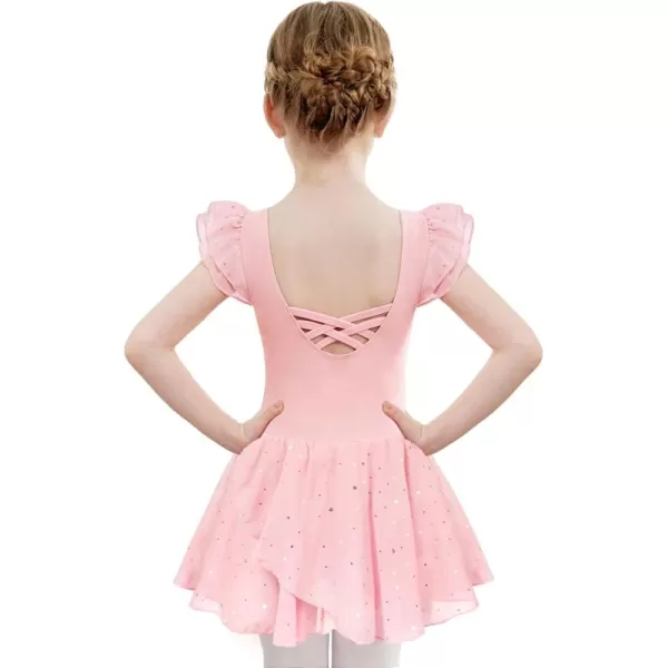Zaclotre Girls Ruffle Sleeve Ballet Leotards with Skirt Crisscross Back Shiny Dance Leotard Toddler size 311Ballet Pink