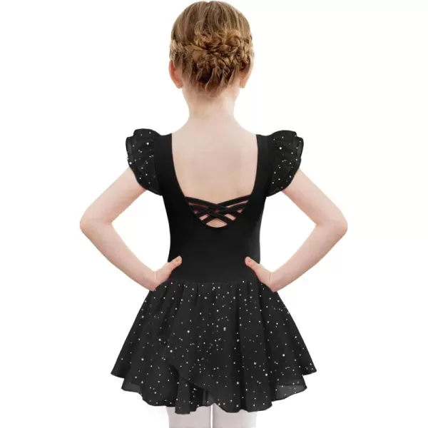 Zaclotre Girls Ruffle Sleeve Ballet Leotards with Skirt Crisscross Back Shiny Dance Leotard Toddler size 311Black