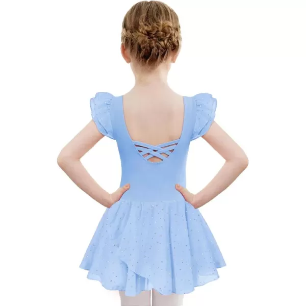 Zaclotre Girls Ruffle Sleeve Ballet Leotards with Skirt Crisscross Back Shiny Dance Leotard Toddler size 311Blue