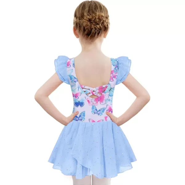 Zaclotre Girls Ruffle Sleeve Ballet Leotards with Skirt Crisscross Back Shiny Dance Leotard Toddler size 311Butterfly