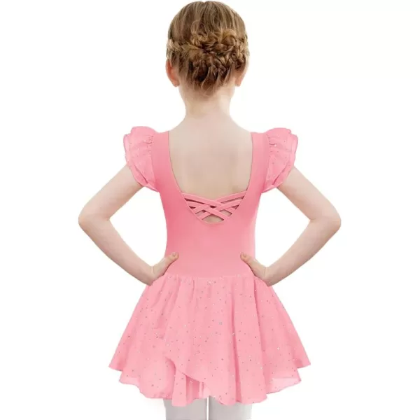 Zaclotre Girls Ruffle Sleeve Ballet Leotards with Skirt Crisscross Back Shiny Dance Leotard Toddler size 311Dark Pink