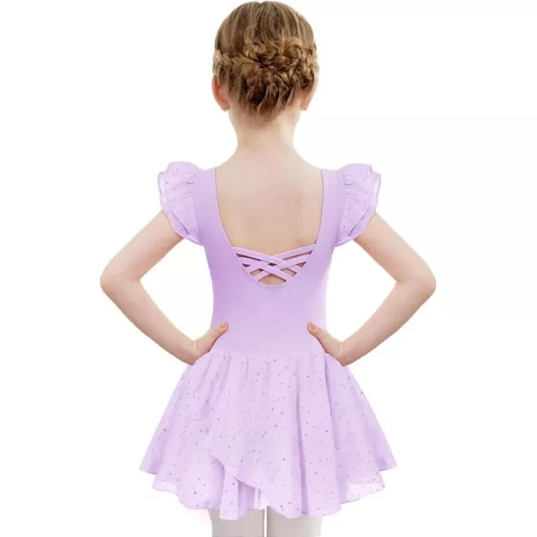 Zaclotre Girls Ruffle Sleeve Ballet Leotards with Skirt Crisscross Back Shiny Dance Leotard Toddler size 311Lilac