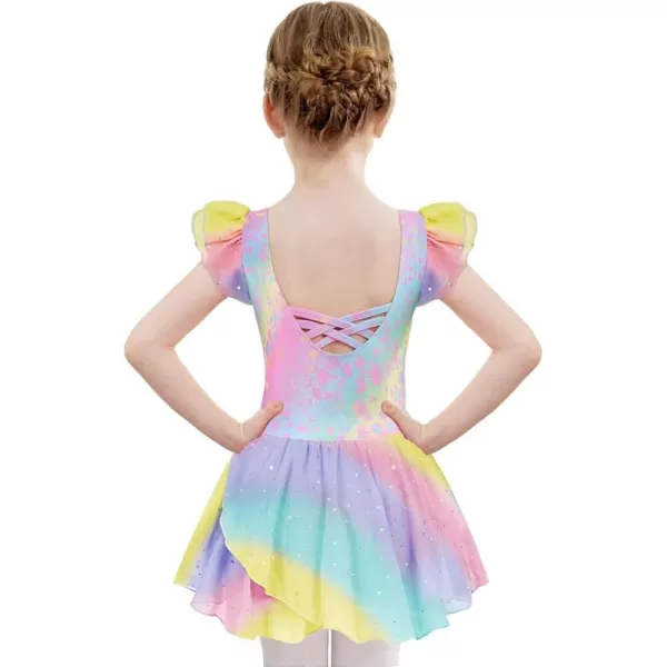 Zaclotre Girls Ruffle Sleeve Ballet Leotards with Skirt Crisscross Back Shiny Dance Leotard Toddler size 311Rainbow Leopard