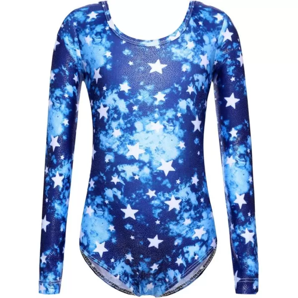 Zaclotre Girls Sparkling Stars Gymnastics Long Sleeve Leotards for Patriotic USA KidsBlue TiedyeStar Print