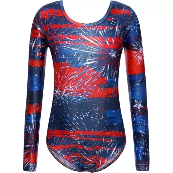 Zaclotre Girls Sparkling Stars Gymnastics Long Sleeve Leotards for Patriotic USA KidsFirework