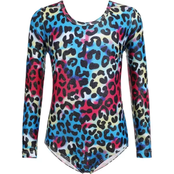 Zaclotre Girls Sparkling Stars Gymnastics Long Sleeve Leotards for Patriotic USA KidsMulticolor Leopard