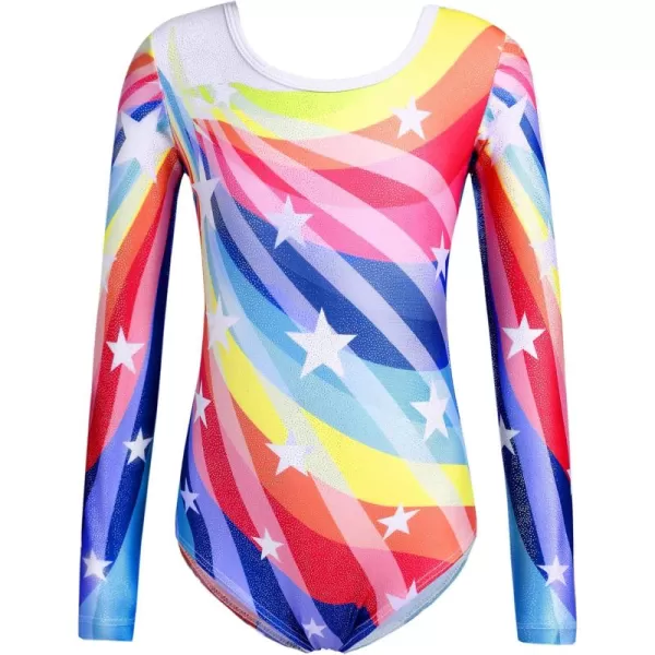 Zaclotre Girls Sparkling Stars Gymnastics Long Sleeve Leotards for Patriotic USA KidsRainbow Stripes