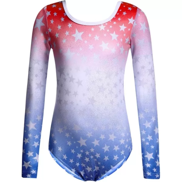Zaclotre Girls Sparkling Stars Gymnastics Long Sleeve Leotards for Patriotic USA KidsRed and BluePatriotic Star Print