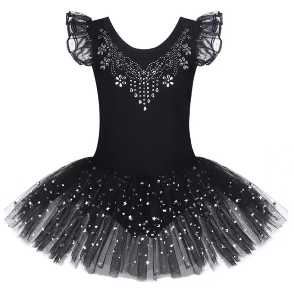 Zaclotre Kid Girls Ruffle Sleeve Ballet Skirted Leotard Shiny Dance Tutu DressesBlack