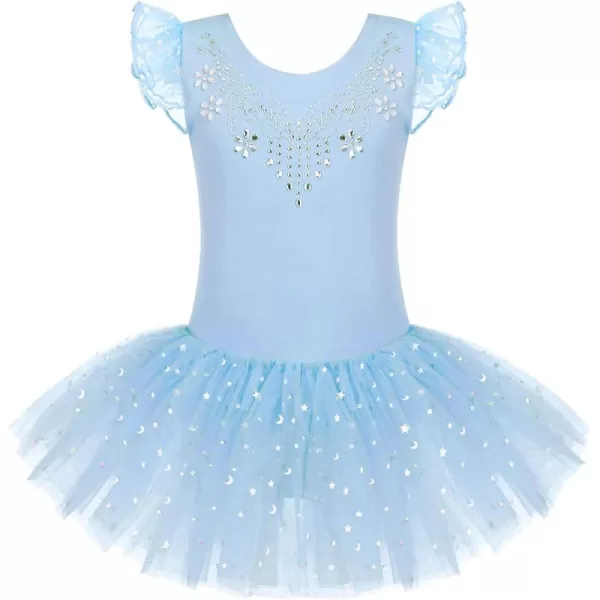Zaclotre Kid Girls Ruffle Sleeve Ballet Skirted Leotard Shiny Dance Tutu DressesBlue