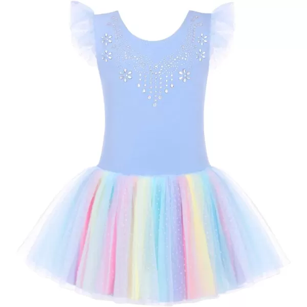 Zaclotre Kid Girls Ruffle Sleeve Ballet Skirted Leotard Shiny Dance Tutu DressesBlue Rainbow