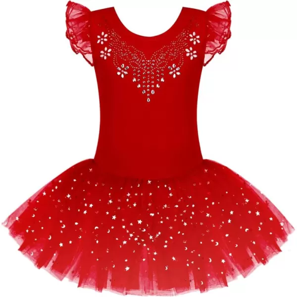 Zaclotre Kid Girls Ruffle Sleeve Ballet Skirted Leotard Shiny Dance Tutu DressesChristmas Red