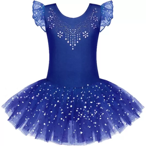 Zaclotre Kid Girls Ruffle Sleeve Ballet Skirted Leotard Shiny Dance Tutu DressesDark Blue