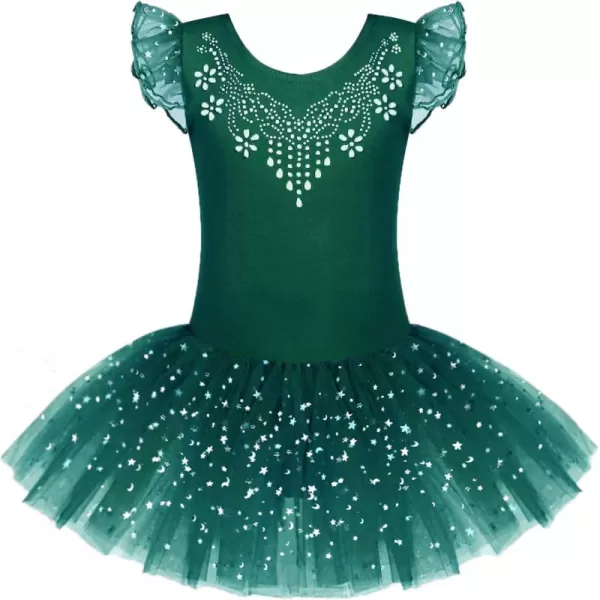 Zaclotre Kid Girls Ruffle Sleeve Ballet Skirted Leotard Shiny Dance Tutu DressesDark Green