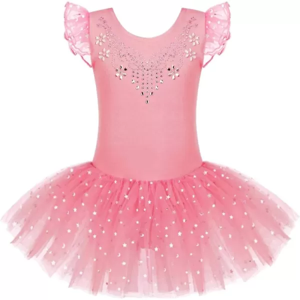 Zaclotre Kid Girls Ruffle Sleeve Ballet Skirted Leotard Shiny Dance Tutu DressesDark Pink