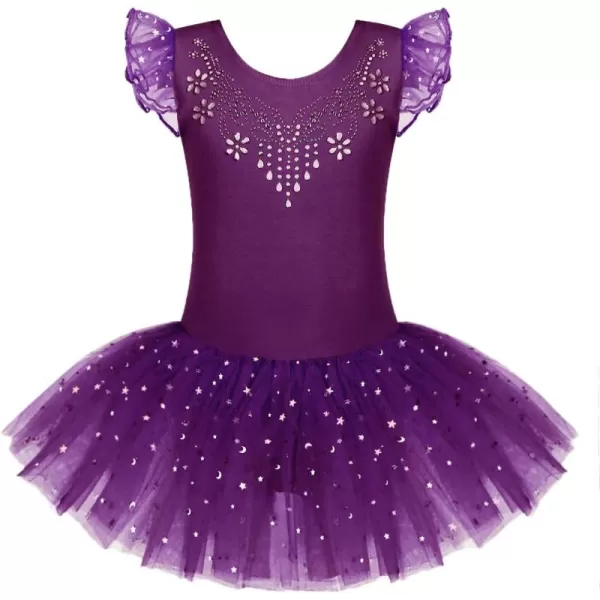 Zaclotre Kid Girls Ruffle Sleeve Ballet Skirted Leotard Shiny Dance Tutu DressesDark Purple