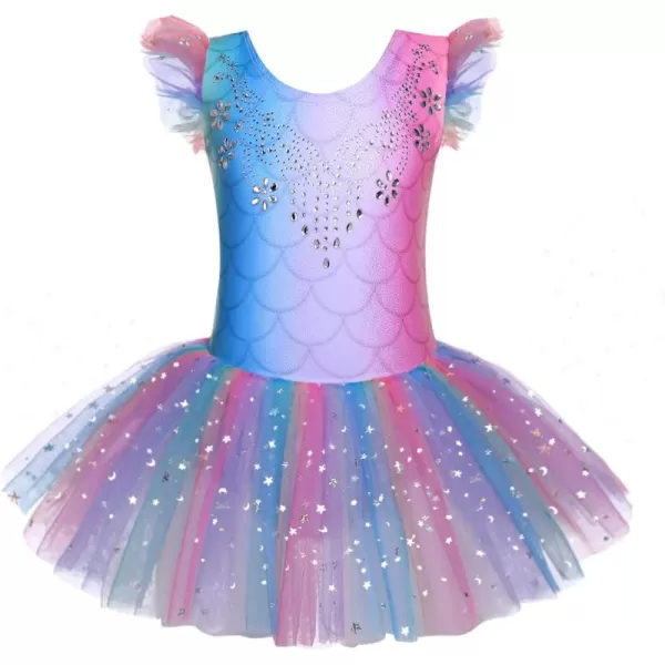 Zaclotre Kid Girls Ruffle Sleeve Ballet Skirted Leotard Shiny Dance Tutu DressesRainbow Mermaid