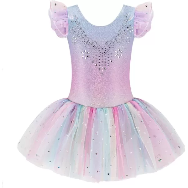 Zaclotre Kid Girls Ruffle Sleeve Ballet Skirted Leotard Shiny Dance Tutu DressesShiny Rainbow