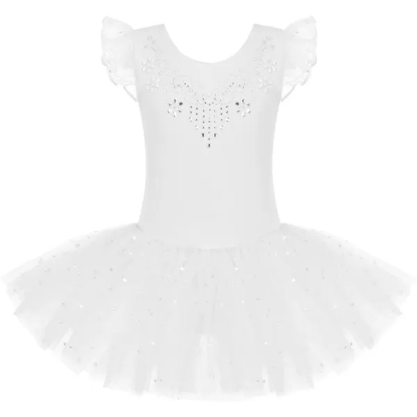 Zaclotre Kid Girls Ruffle Sleeve Ballet Skirted Leotard Shiny Dance Tutu DressesWhite