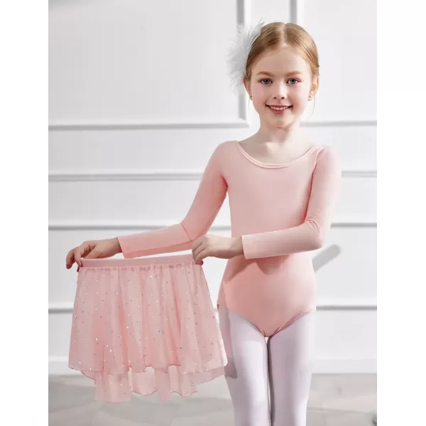 Zaclotre Ballet Leotards for Girls Long Sleeve Crisscross Back Dance Outfit with Removable Shiny Skirt Leotard ComboBallet Pink