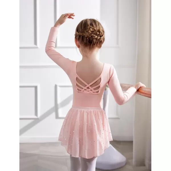 Zaclotre Ballet Leotards for Girls Long Sleeve Crisscross Back Dance Outfit with Removable Shiny Skirt Leotard ComboBallet Pink