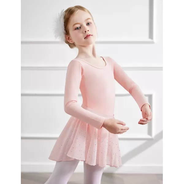 Zaclotre Ballet Leotards for Girls Long Sleeve Crisscross Back Dance Outfit with Removable Shiny Skirt Leotard ComboBallet Pink